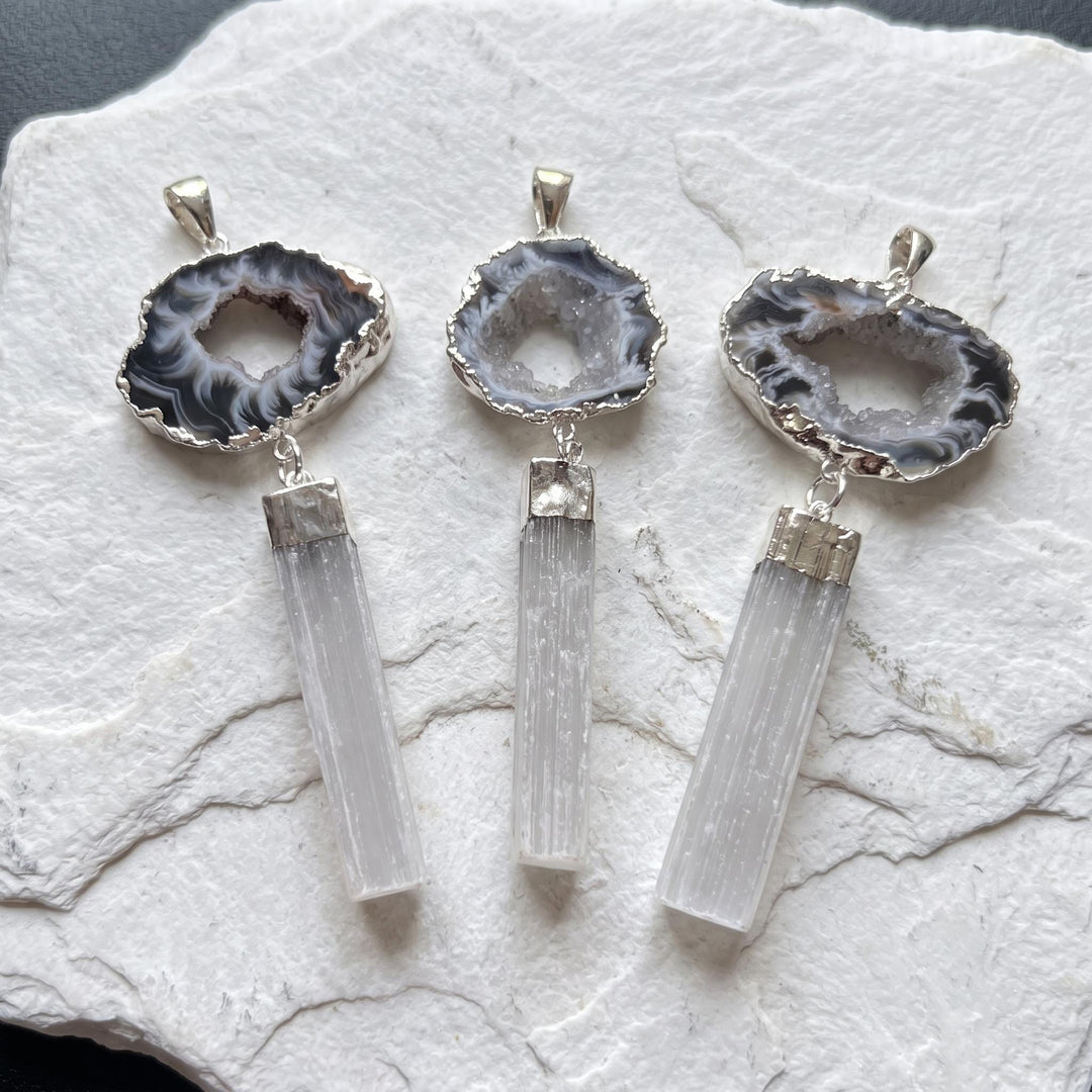 Selenite and Geode Crystal Pendant (Silver Plated)
