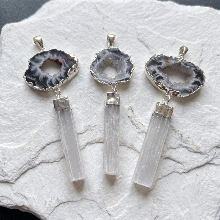 Selenite and Geode Crystal Pendant (Silver Plated)