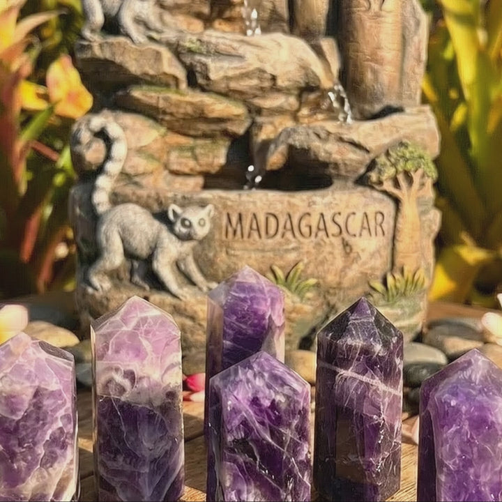 Banded Purple Amethyst Crystal Point Tower Obelisk Carving