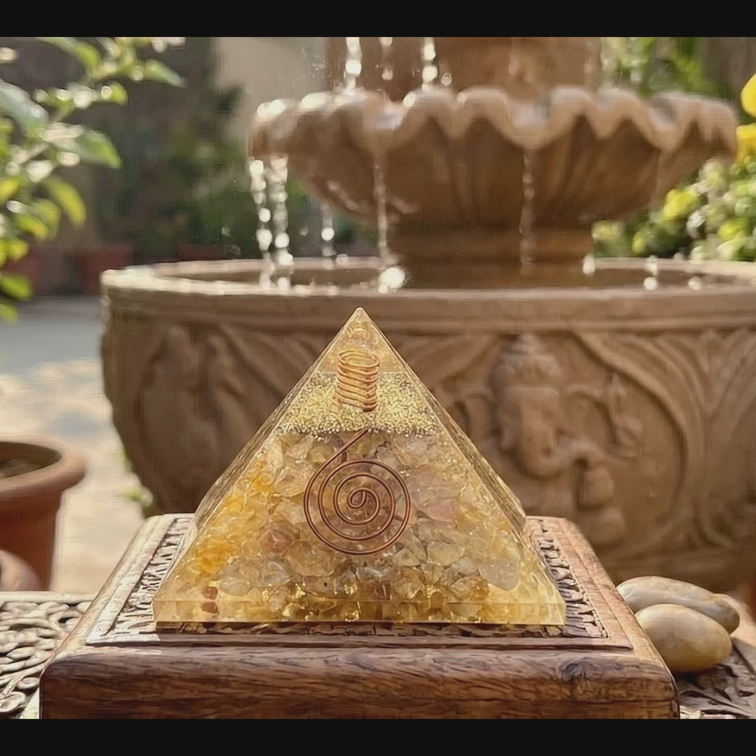 Golden Yellow Quartz Crystal Resin Pyramid Gemstone Decor Carving