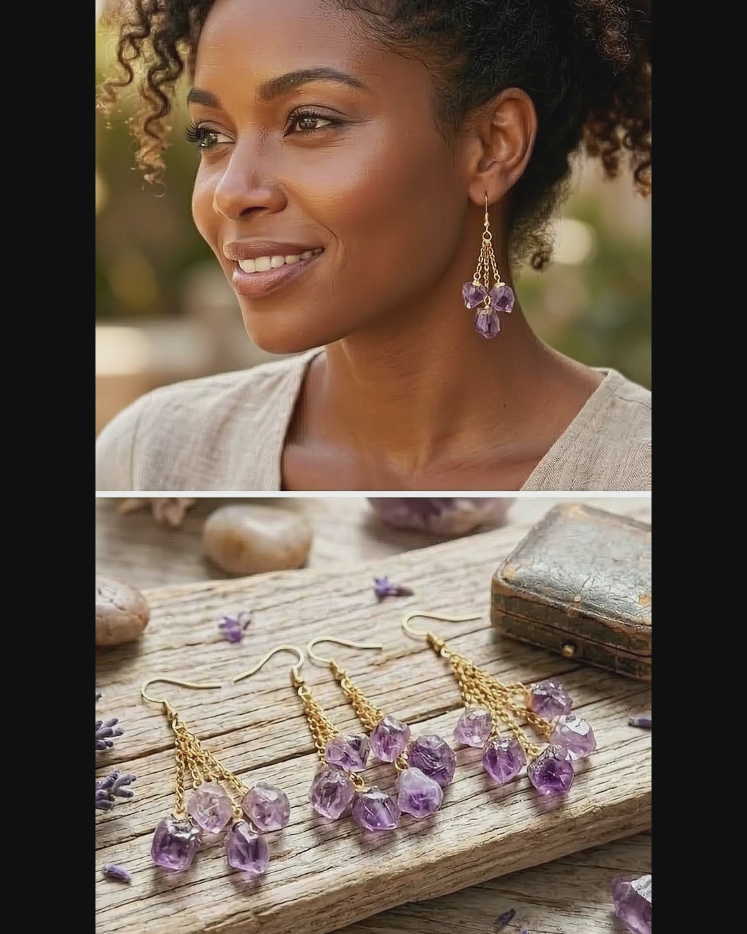 Long Dangle Amethyst Triple Crystal Point Earrings Pair (Gold Plated)
