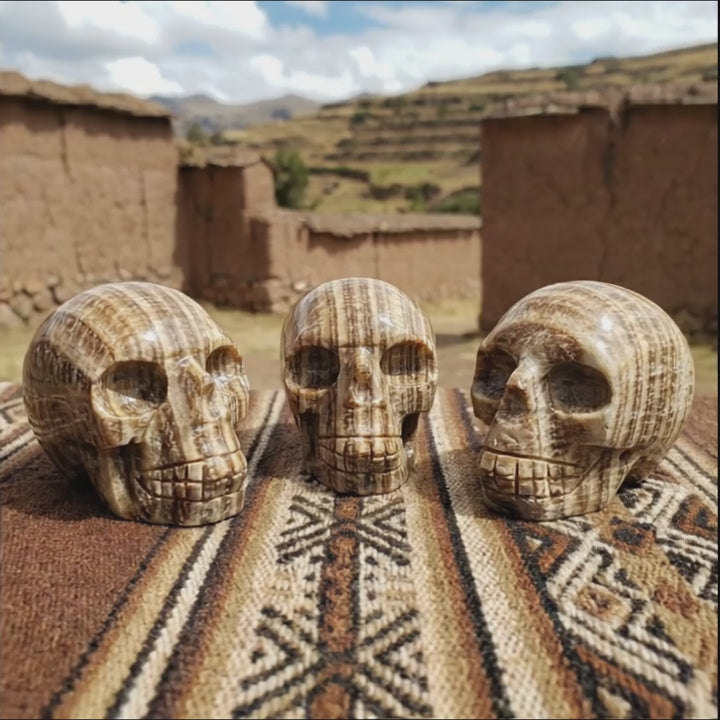 Peruvian Brown Banded Aragonite Skull Carving