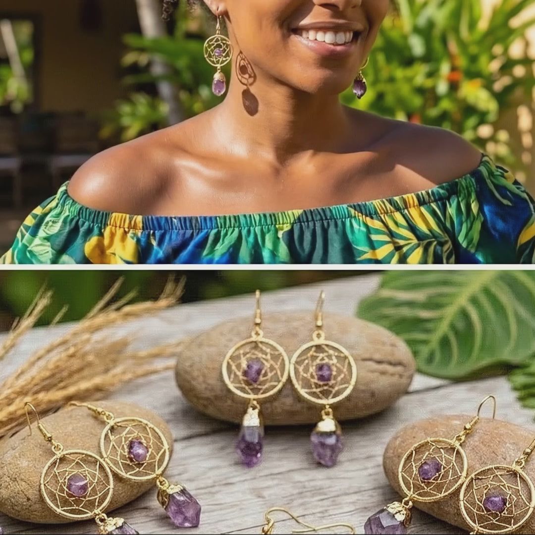 DreamCatcher Earrings Pair (Amethyst Crystal)(Gold Plated)(Stainless Steel Hooks)