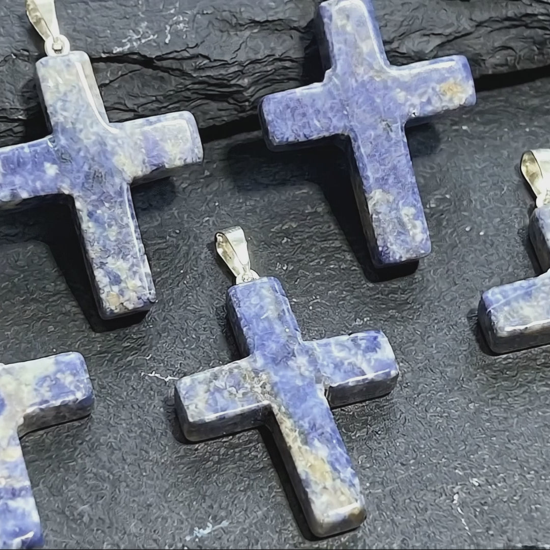 Blue Sodalite Crystal Cross Pendant (Silver Bail)