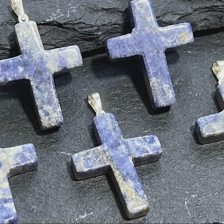 Blue Sodalite Crystal Cross Pendant (Silver Bail)