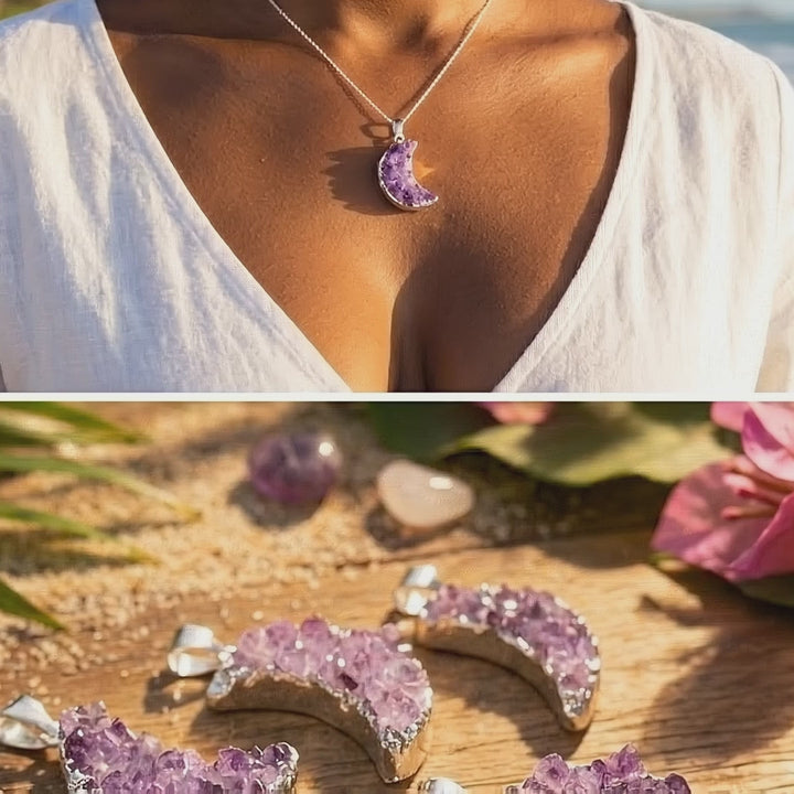 Crescent Moon Pendant (Amethyst Druzy Crystal)(Silver Plated)