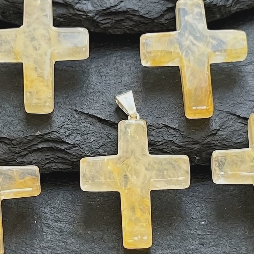 Golden Healer Quartz Crystal Cross Pendant (Silver Bail)