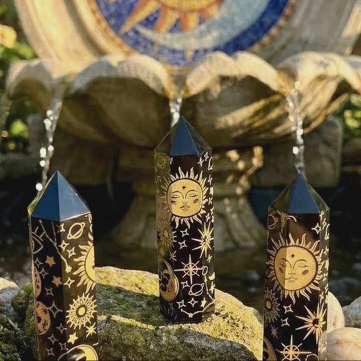 Black Obsidian Point Tower Carving With Gold Sun Moon Decals