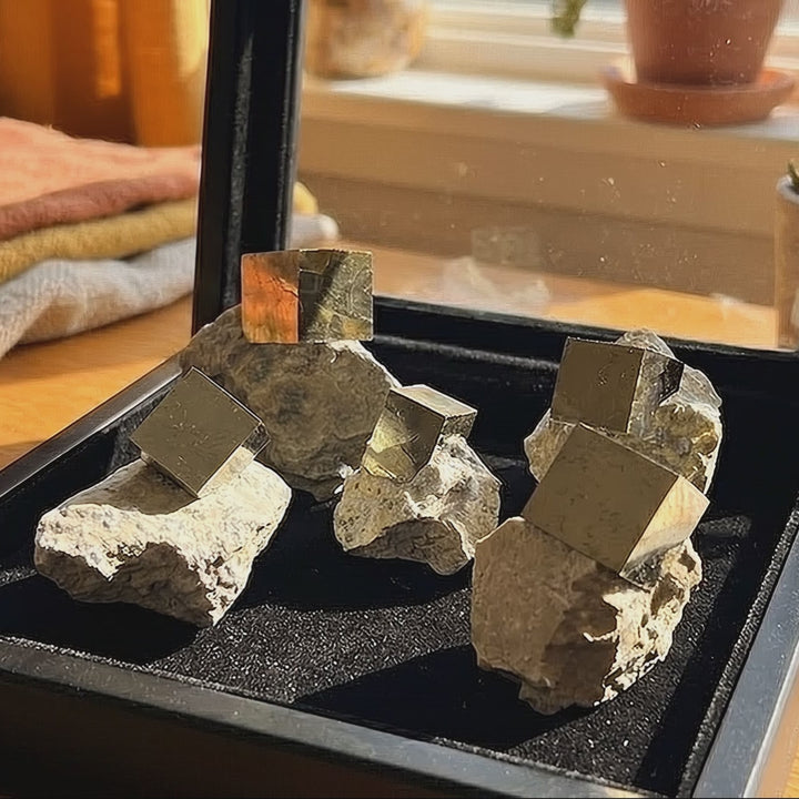Golden Iron Pyrite Crystal Cubes In Rough Raw Matrix