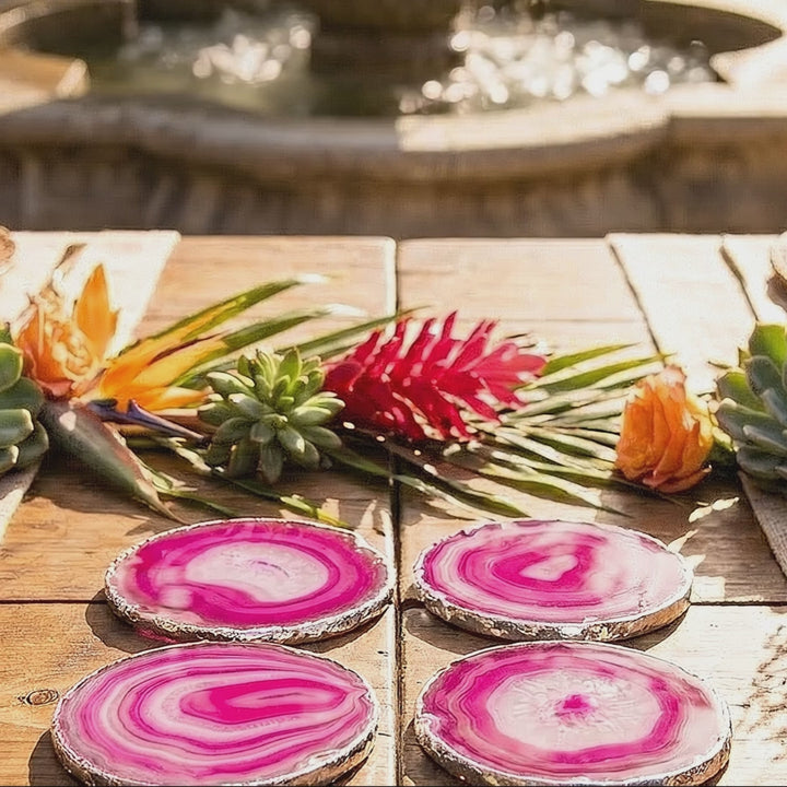 Pink Agate Slice Coasters Silver Dipped Plated (3 to 3.5 Inches)