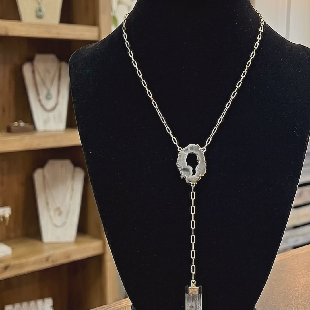 Quartz and Oco Geode Extra Long Lariat Y Drop Necklace Pendant (Gold Plated)
