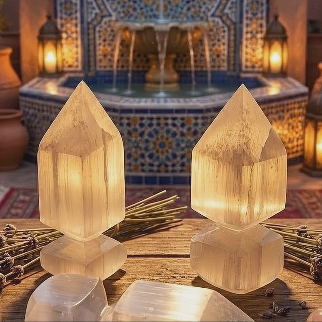 Satin Spar Crystal Point Obelisk Tower Carving