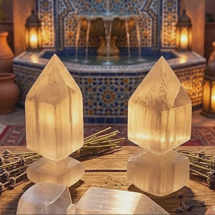 Satin Spar Crystal Point Obelisk Tower Carving