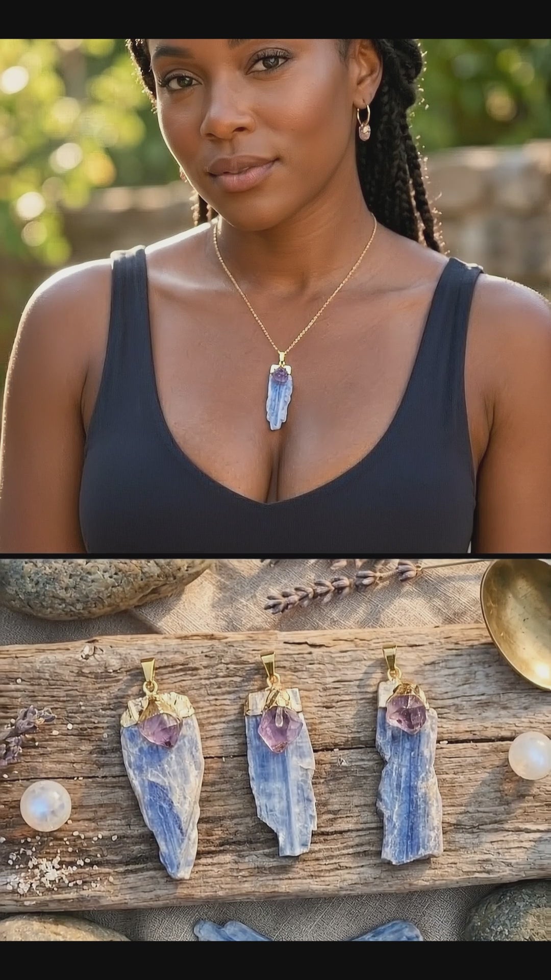 Kyanite And Amethyst Crystal Point Pendant (Gold Plated)