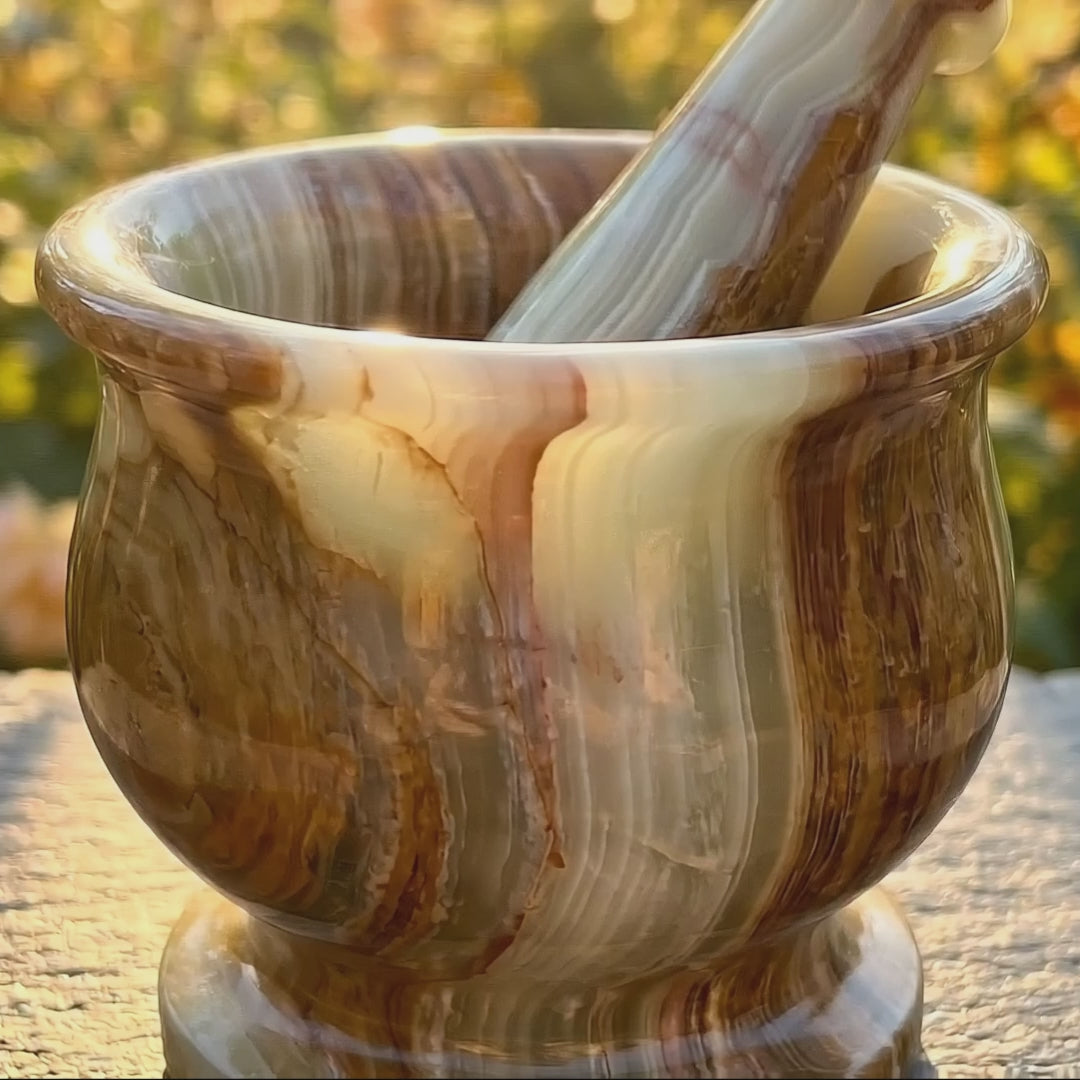 Banded Calcite Mortar and Pestle Set Genuine Natural Stone Carving