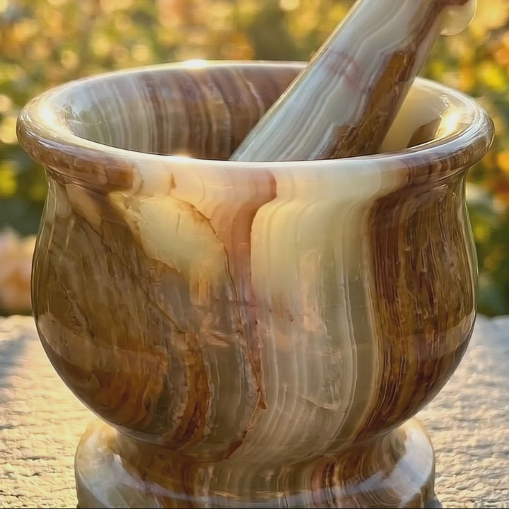 Banded Calcite Mortar and Pestle Set Genuine Natural Stone Carving