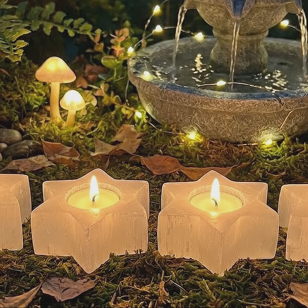 Selenite Satin Spar Crystal Star Tealight Candle Carving