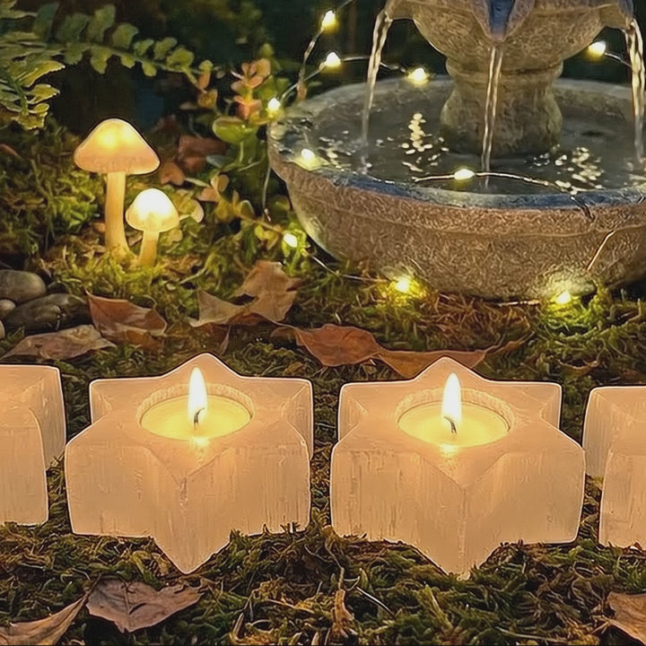 Selenite Satin Spar Crystal Star Tealight Candle Carving