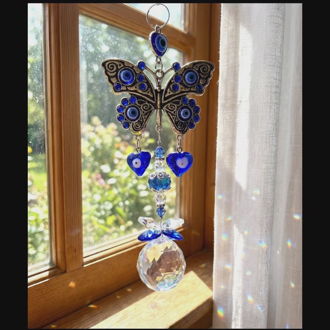 Silver Butterfly Blue Eye Sun catcher Gemstone Crystal Carving