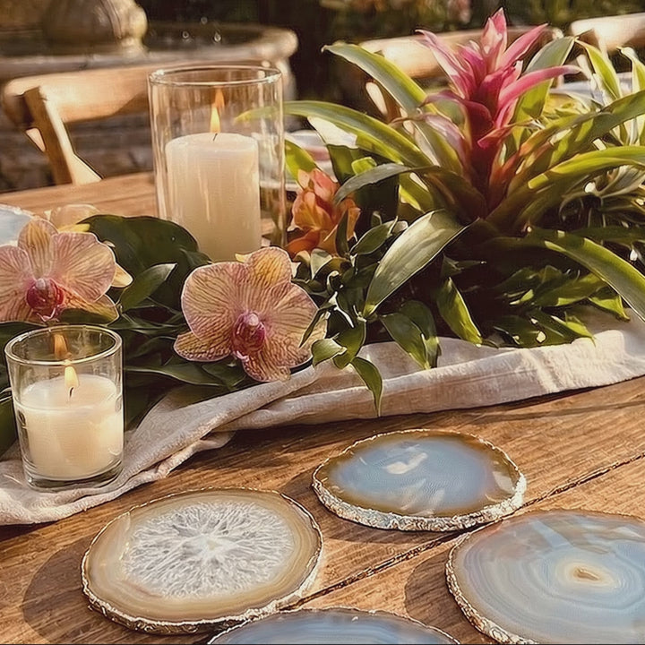 Natural Grey Brown Agate Slice Coasters Silver Edges