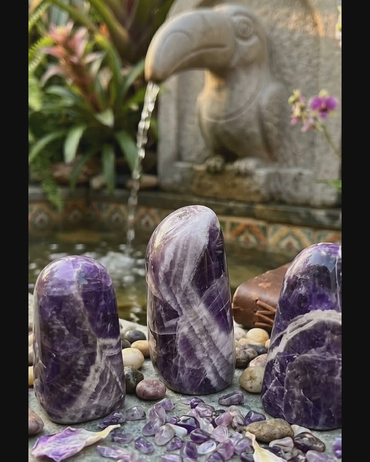 Banded Purple Amethyst Crystal Freeform Tower Carving