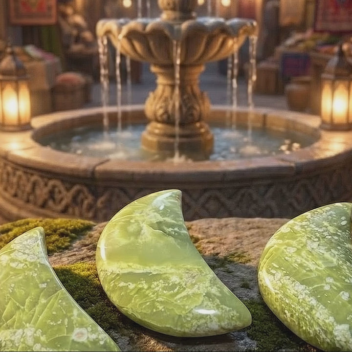 Green Serpentine Crescent Moon Carving
