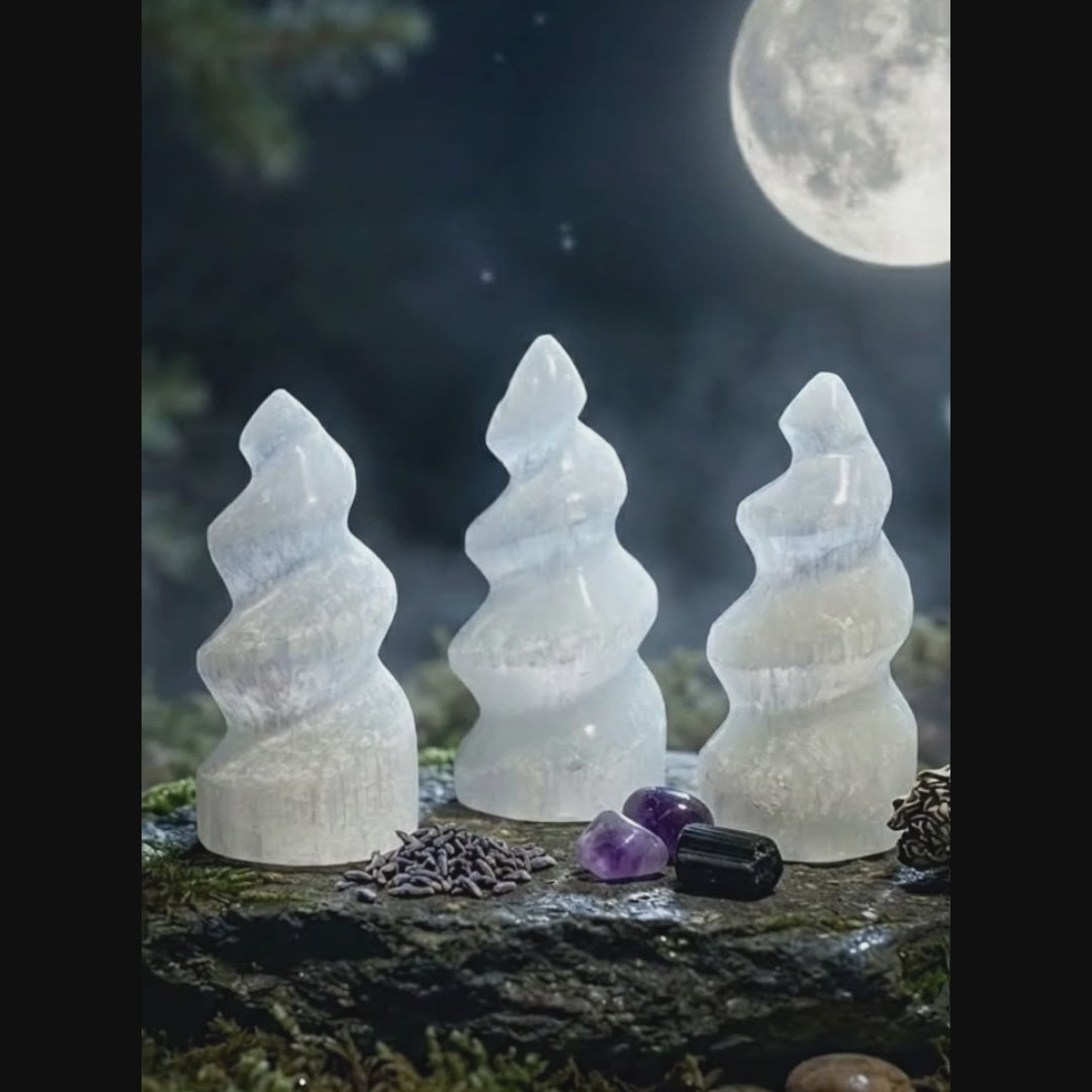 Selenite Satin Spar Crystal Spiral Standing Tower Carving