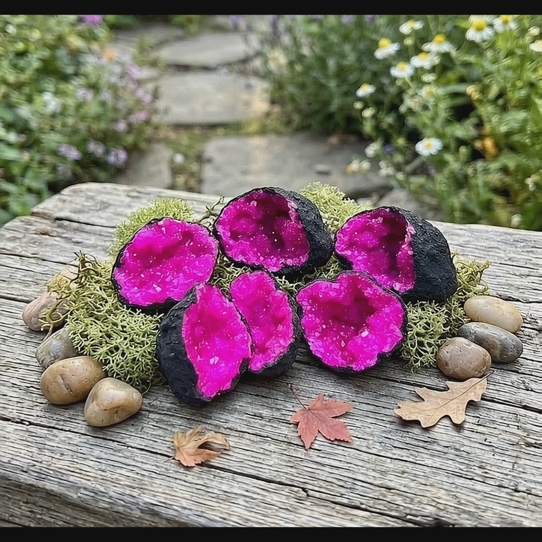 Matching Broken Quartz Aura Crystal Rough Geode Pairs with Dyed Pink Coating