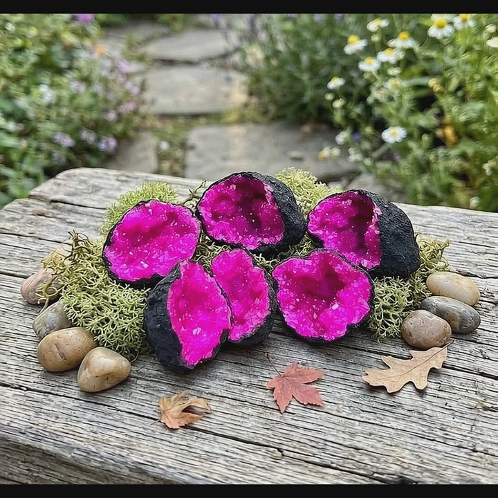 Matching Broken Quartz Aura Crystal Rough Geode Pairs with Dyed Pink Coating