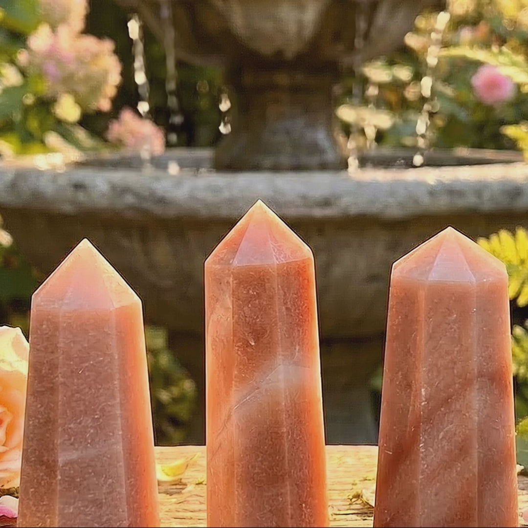 Red Quartz Crystal Point Tower Octagonal Obelisk Carving