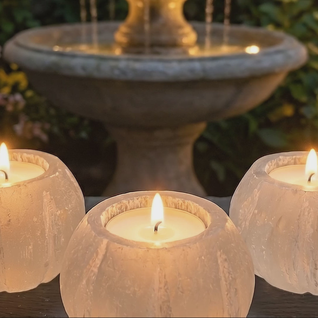 Selenite Satin Spar Crystal Fluted Sphere Tealight Candle Carving