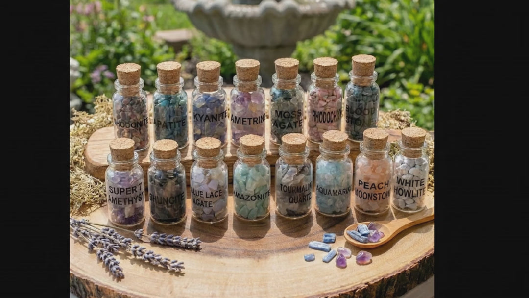 Gemstone Bottle Collection - 15-Piece Natural Rough Crystal Chips Gift Set Box Flat