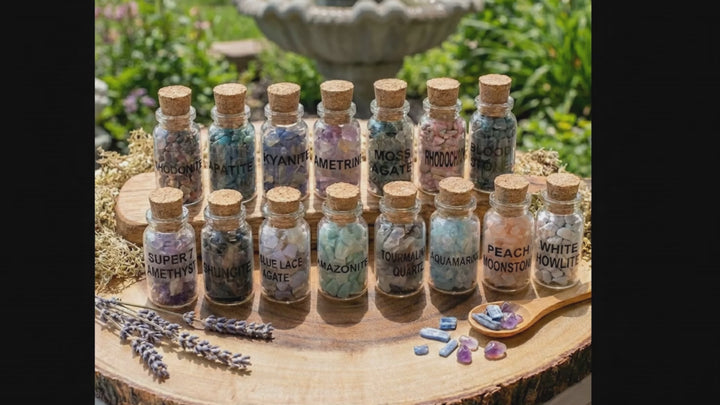 Gemstone Bottle Collection - 15-Piece Natural Rough Crystal Chips Gift Set Box Flat