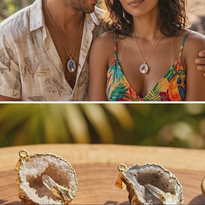 Oco Geode Druzy Crystal Pendant with Quartz Point (Gold Plated)