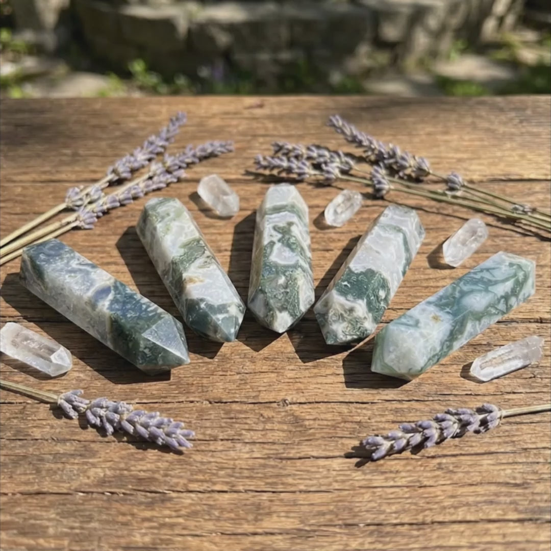 Large Moss Agate Double Point Crystal Carving