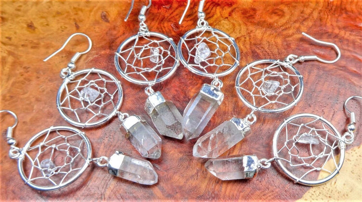 Dream Catcher Earrings - Clear Quartz Crystal Point Charm Silver Plated Hooks