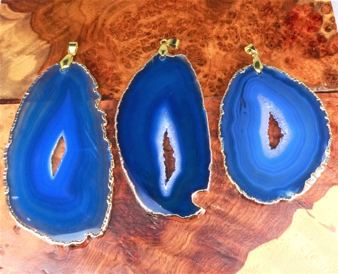 Large Blue Agate Slice Necklace - Druzy Crystal Geode Slice Pendant - XL Gold Drusy Stone