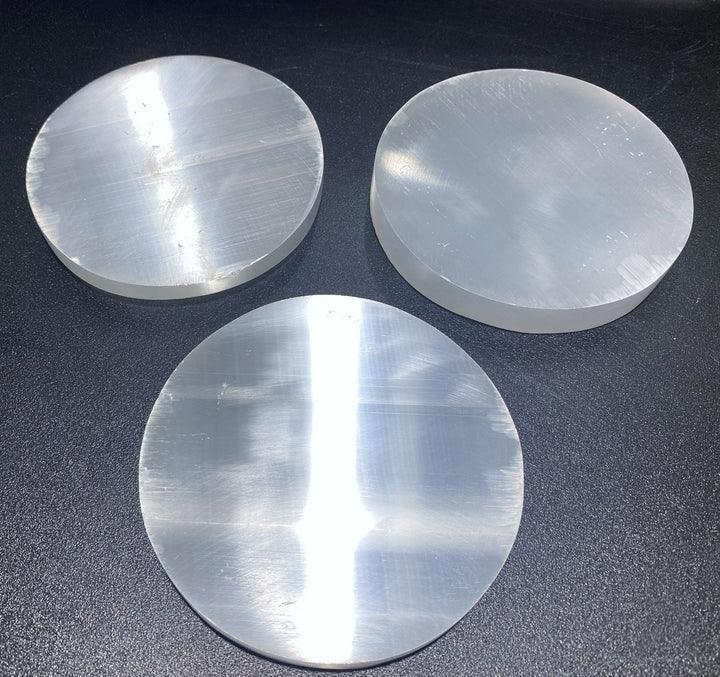 Selenite Charging Plate - 4 inches Polished Crystal Slice Circle - Carved Gemstone Slab