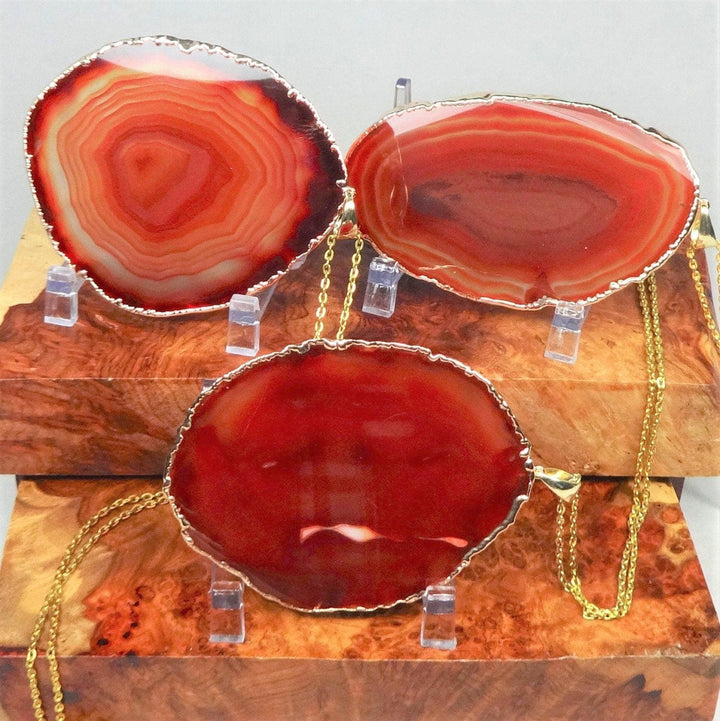 Agate Slice Necklace - Extra Large Red Crystal Slab Pendant - XL Gold Plated Gemstone Jewelry