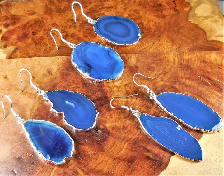 Agate Slice Earrings - Blue Crystal Slab Earring Set - Silver Plated Hooks