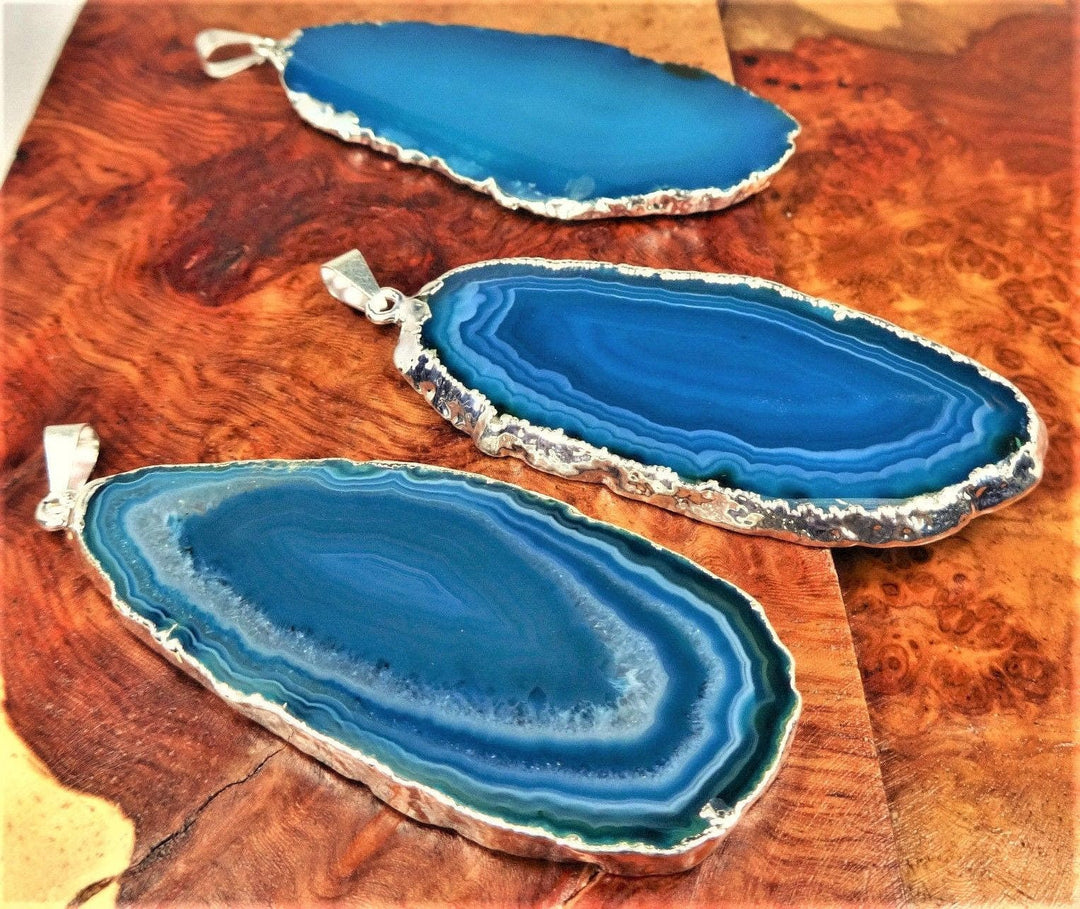 Agate Slice Pendant ( Teal / Silver Plated ) Necklace Jewelry Healing Crystals And Stones