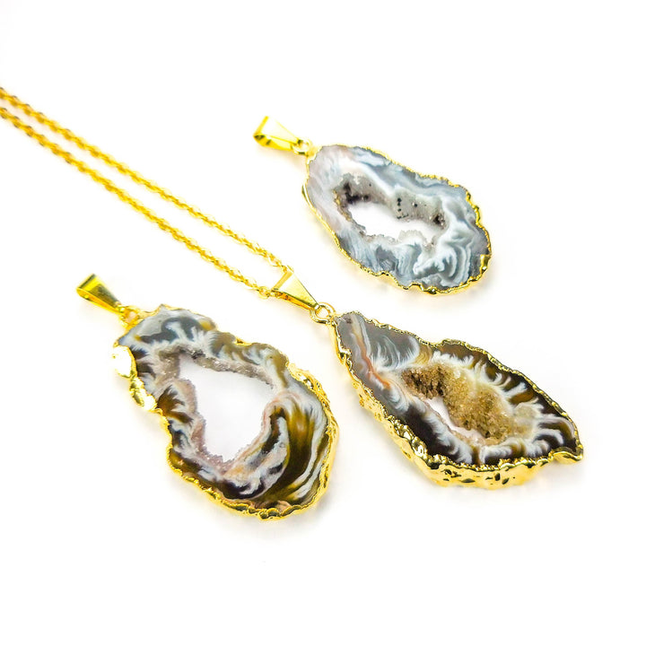 Bulk Wholesale Lot Of 5 Pieces - Oco Geode Slice Pendant - Gold Plated Crystal Slab Charm Bead Necklace Supply