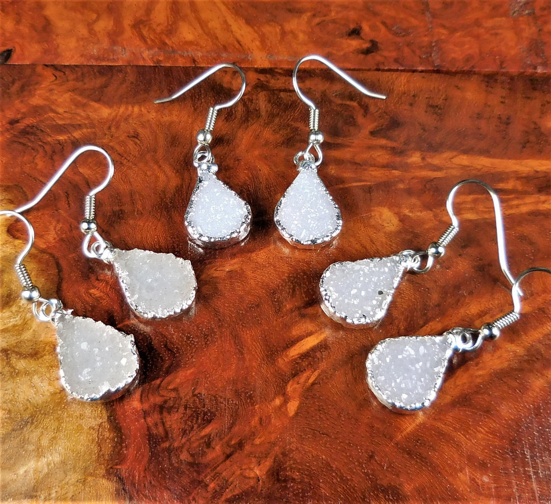 Druzy Agate Crystal Teardrop Earrings - Silver