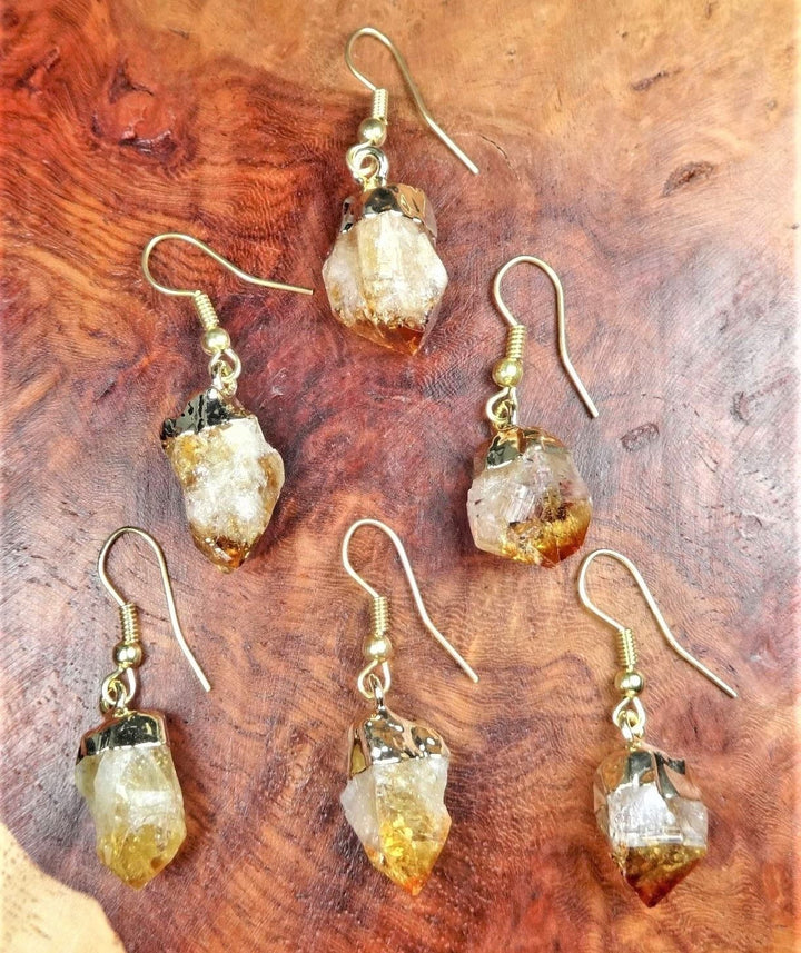 Citrine Crystal Point Earrings - Gold