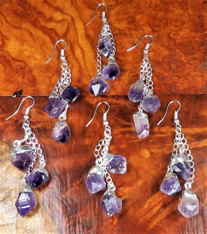 Long Amethyst Crystal Point Earrings Pair Silver Plated Dangle Jewelry (LR54) Healing Crystals And Stones