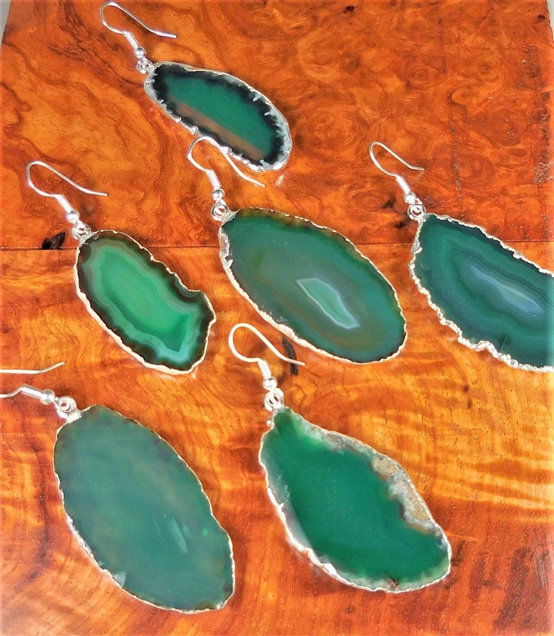 Agate Slice Earrings - Green Crystal Slab Earring Set - Silver Plated Hooks Jewelry