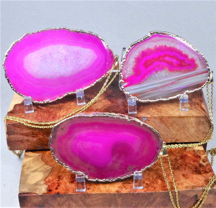 Large Pink Agate Slice Pendant Gold Plated XL Necklace Charm Healing Crystals And Stones