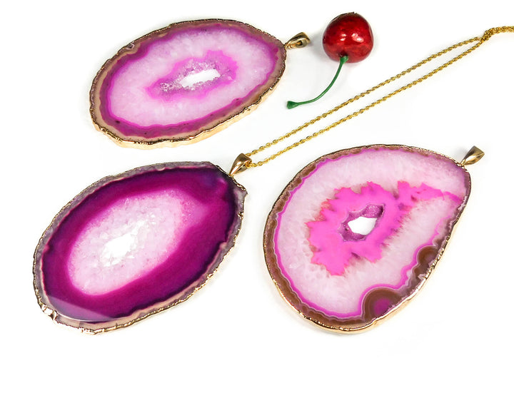 Pink Agate Slice Necklace Pendant - Large Druzy Crystal Slab - Gold