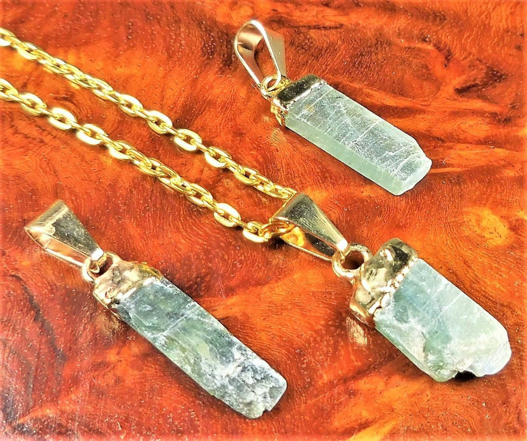 Green Kyanite Crystal Pendant Gold Plated Necklace Charm Raw Natural Gemstone Healing Crystals and Stones Jewelry