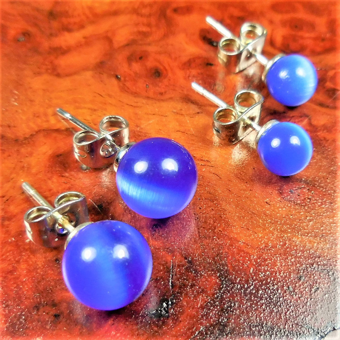 Cats Eye Earrings - 8mm 6mm Blue Glass Studs